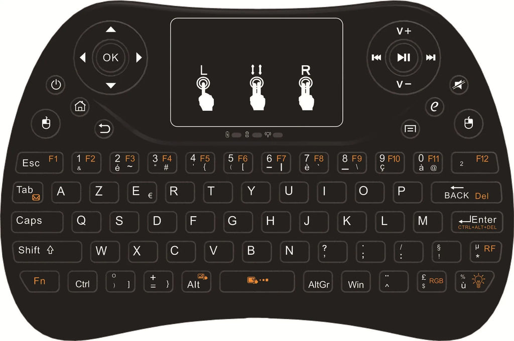 Mini wireless keyboard with seven-colour backlit keys showing English layout