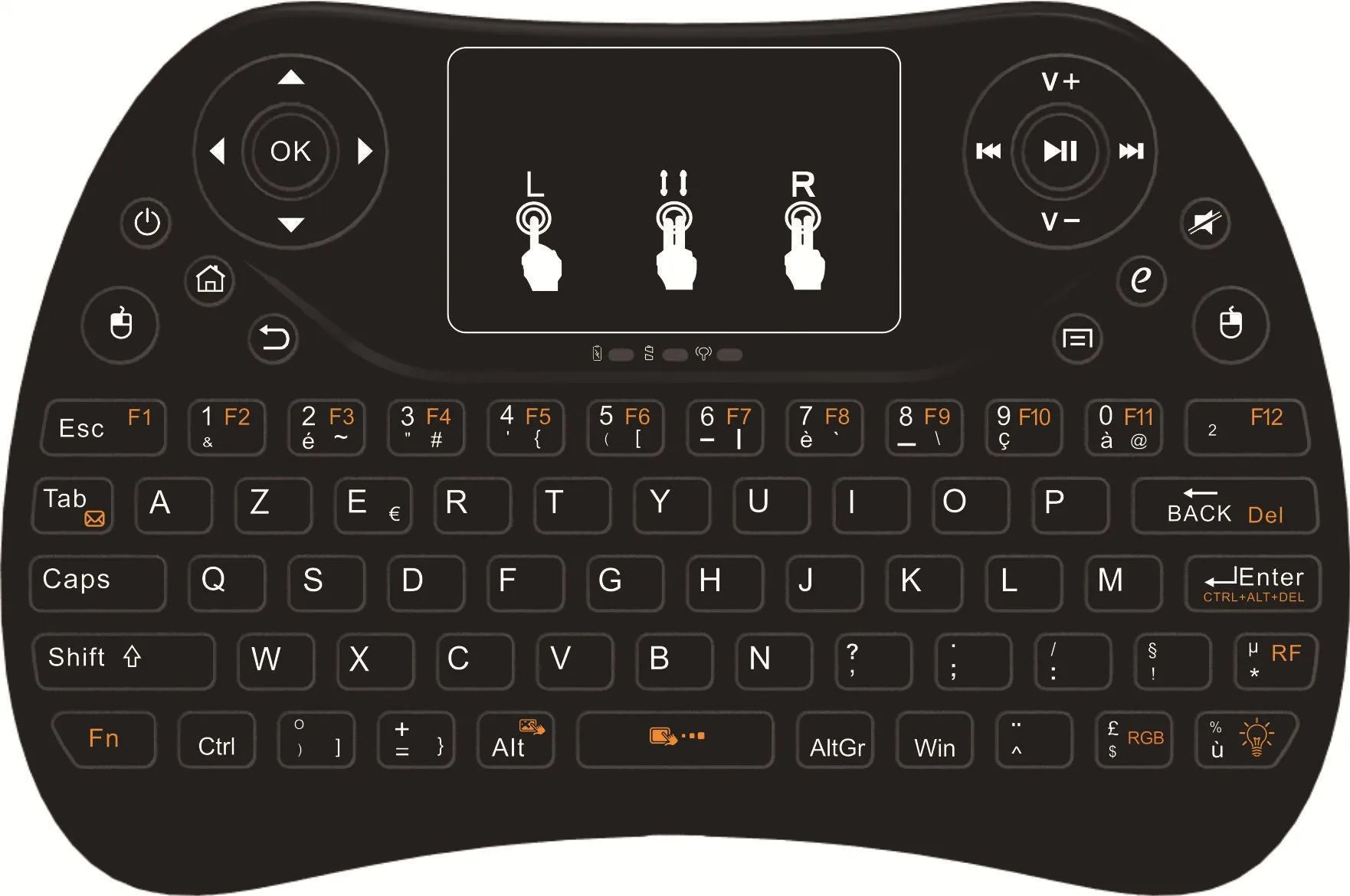 Mini wireless keyboard with seven-colour backlit keys showing English layout