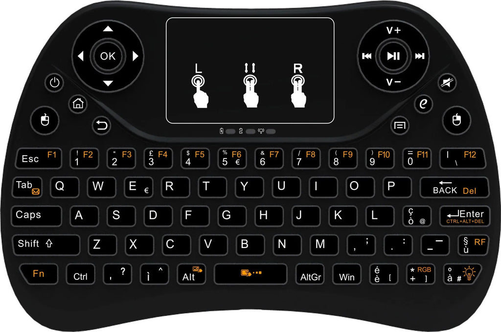 Mini wireless keyboard with seven-colour backlit keys showing English layout