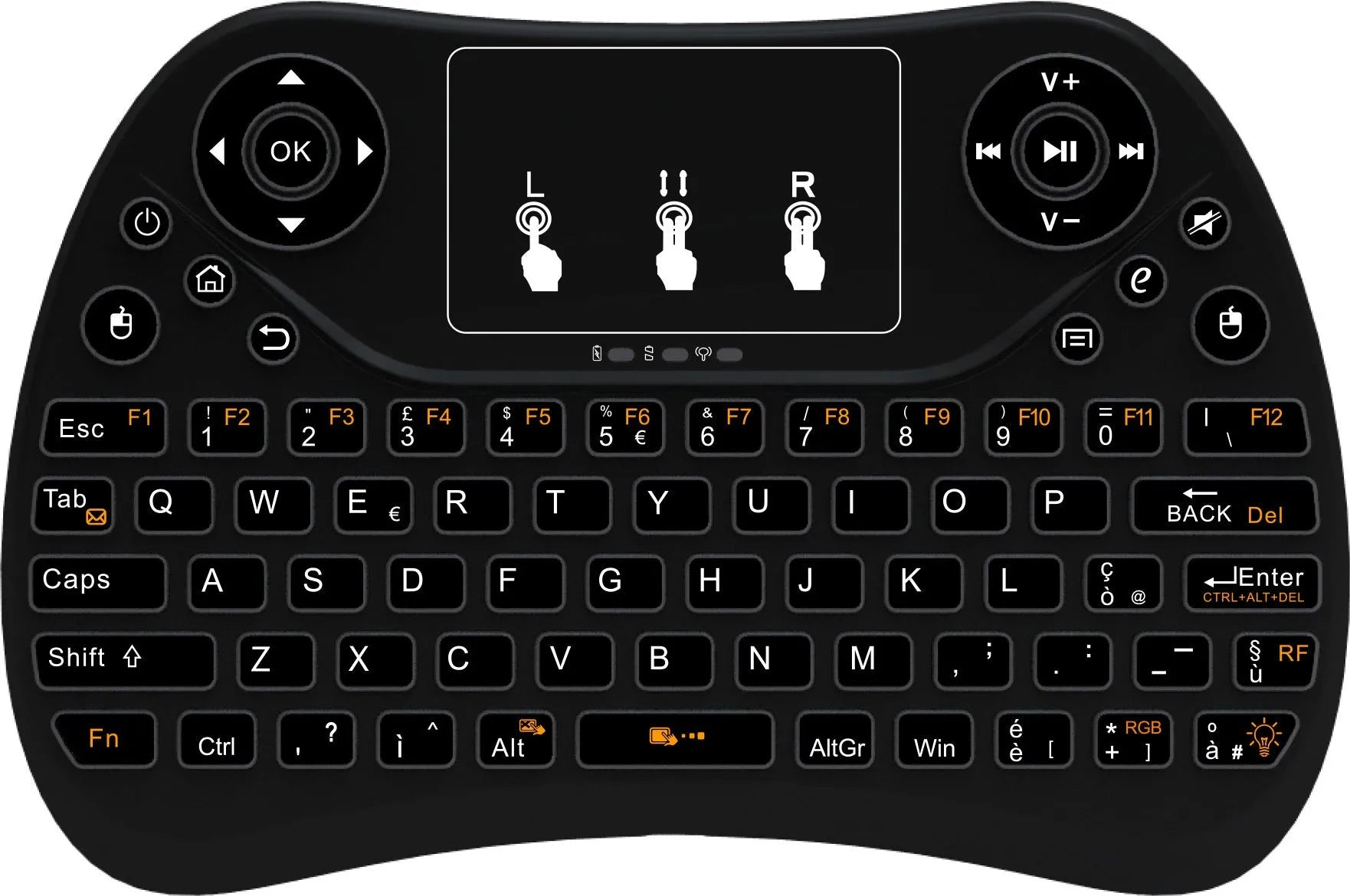 Mini wireless keyboard with seven-colour backlit keys showing English layout