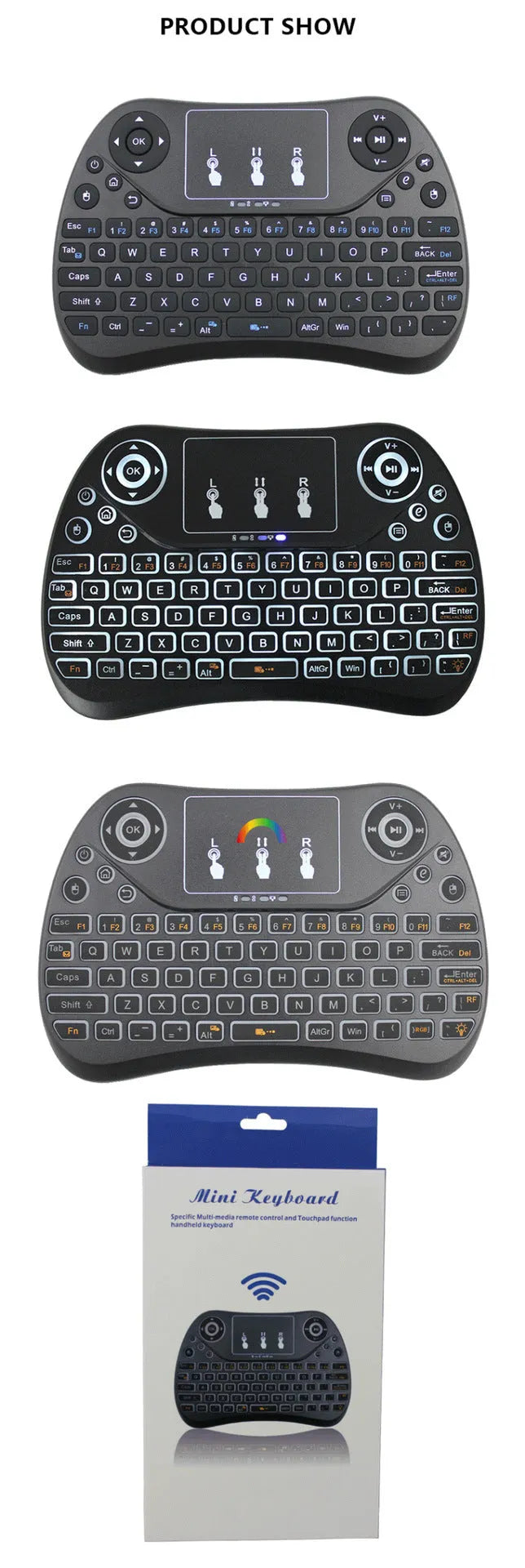 Mini wireless keyboard with seven-colour backlit keys showing English layout