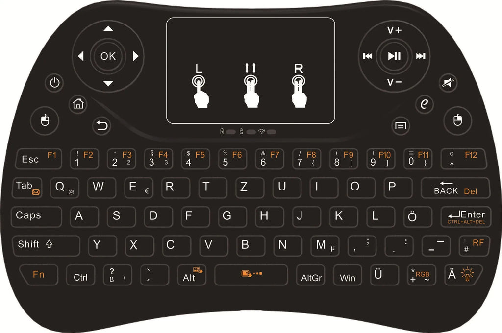 Mini wireless keyboard with seven-colour backlit keys showing English layout