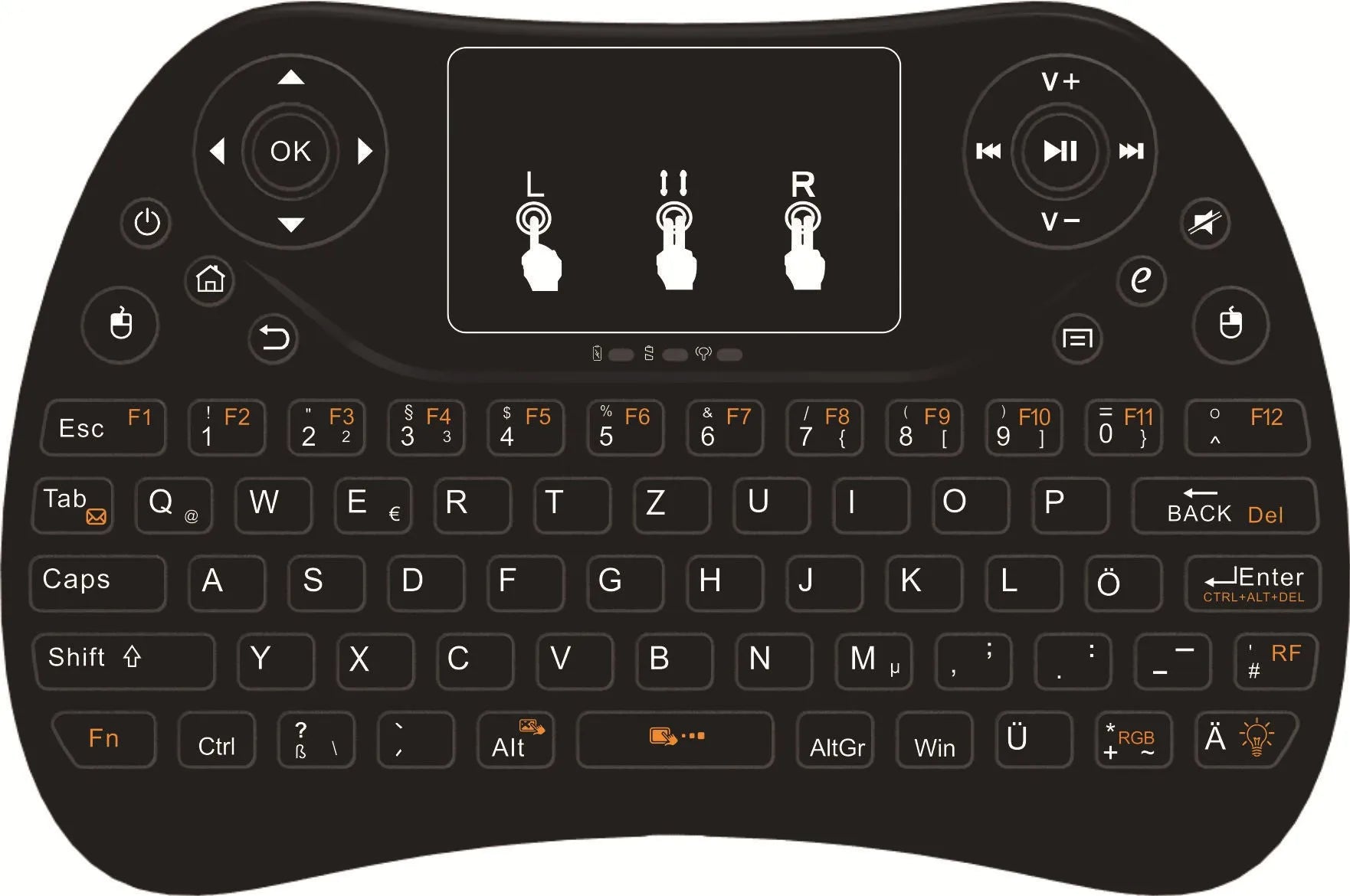 Mini wireless keyboard with seven-colour backlit keys showing English layout