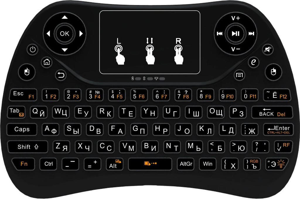 Mini wireless keyboard with seven-colour backlit keys showing English layout