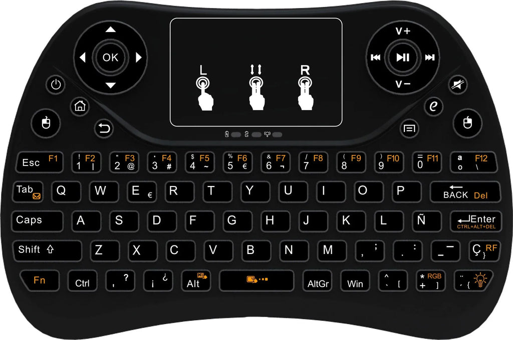 Mini wireless keyboard with seven-colour backlit keys showing English layout