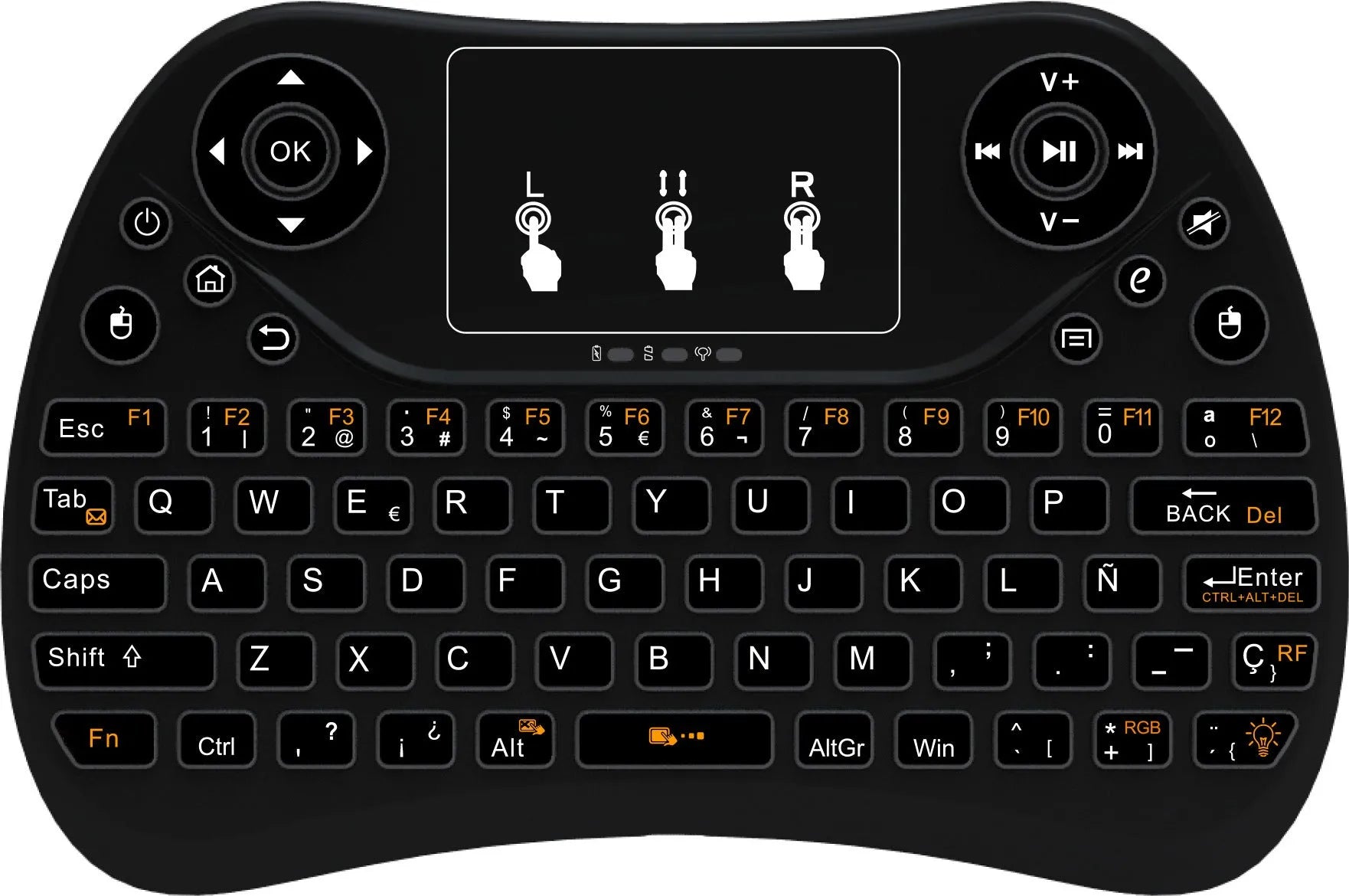Mini wireless keyboard with seven-colour backlit keys showing English layout