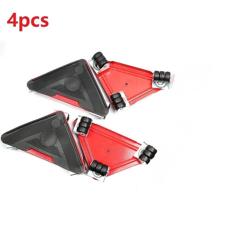 Furniture moving lifter tool set with red pry bar and four square pulleys, 10 x 8 cm, 150 kg capacity