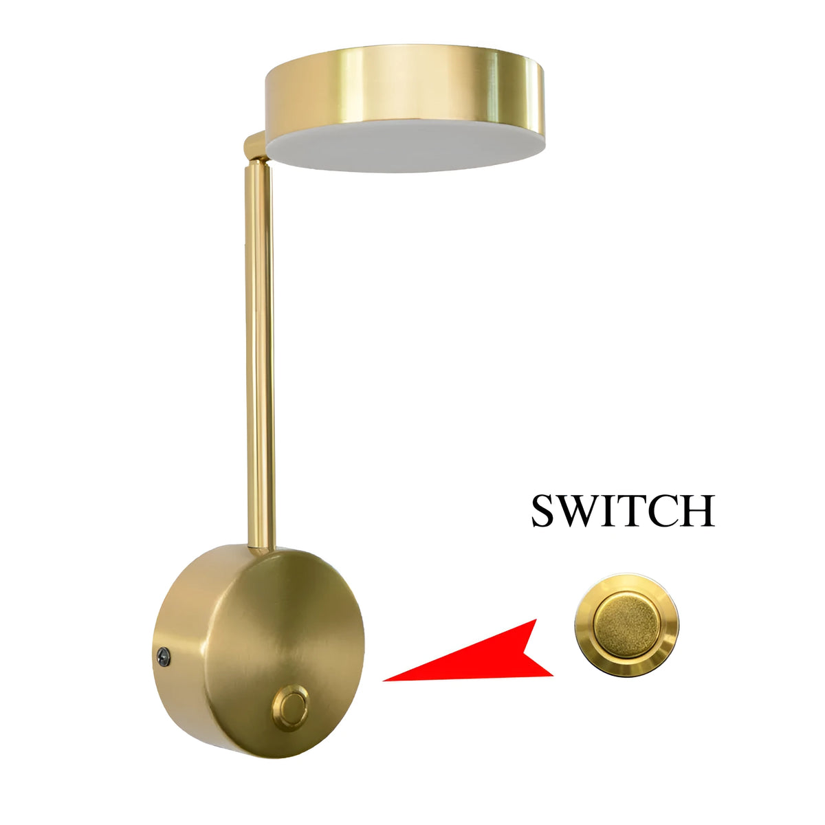 Golden LED wall lamp, 100x400mm square acrylic shade, 12W, optional rotary key switch, gold finish