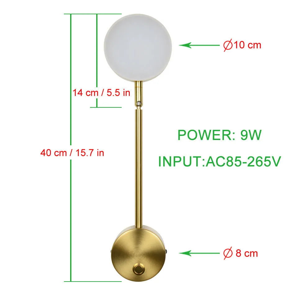 Golden LED wall lamp, 100x400mm square acrylic shade, 12W, optional rotary key switch, gold finish