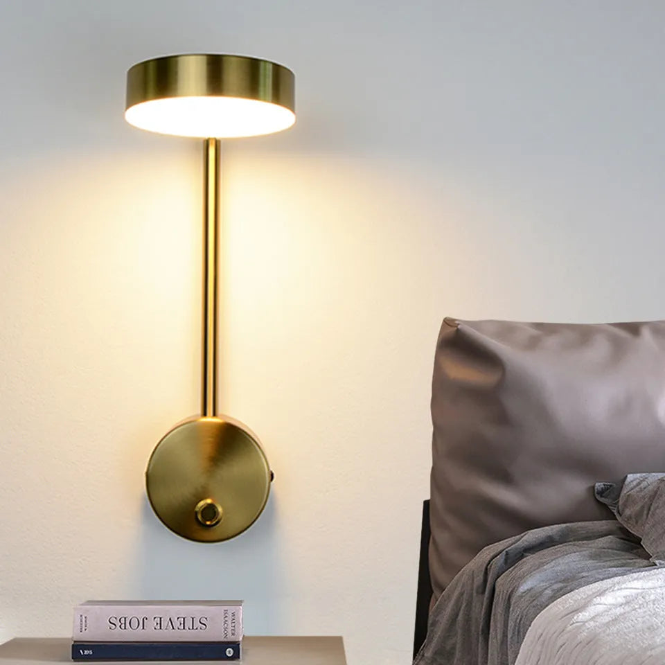 Golden LED wall lamp, 100x400mm square acrylic shade, 12W, optional rotary key switch, gold finish