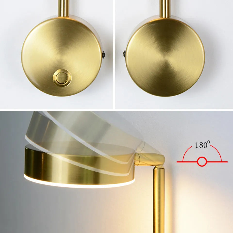 Golden LED wall lamp, 100x400mm square acrylic shade, 12W, optional rotary key switch, gold finish