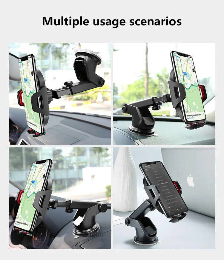 Car phone navigation bracket with red silicone suction cup mounted on car dashboard