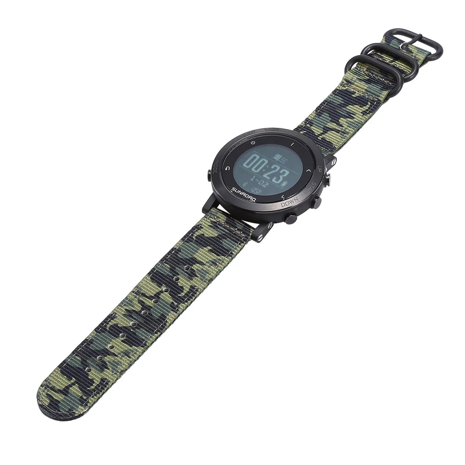 Smart sports watch with stainless steel bezel on a black nylon strap, showing GPS and heart rate display.