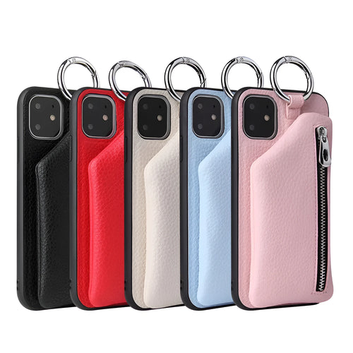 Pink PU leather phone case with a crossbody lanyard, showing the back with a zipped coin purse compartment.