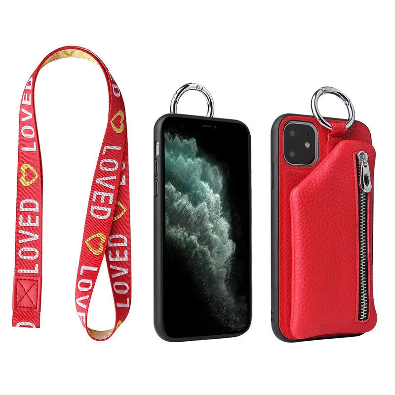 Pink PU leather phone case with a crossbody lanyard, showing the back with a zipped coin purse compartment.