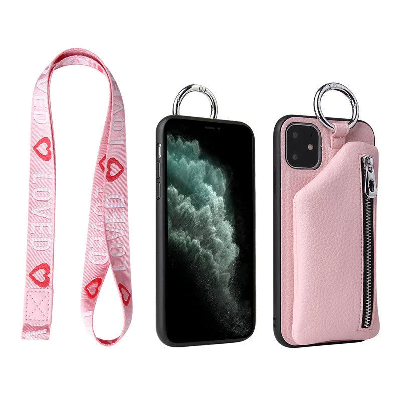 Pink PU leather phone case with a crossbody lanyard, showing the back with a zipped coin purse compartment.
