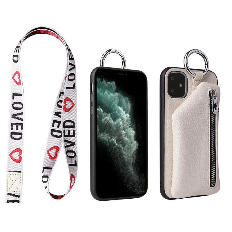Pink PU leather phone case with a crossbody lanyard, showing the back with a zipped coin purse compartment.