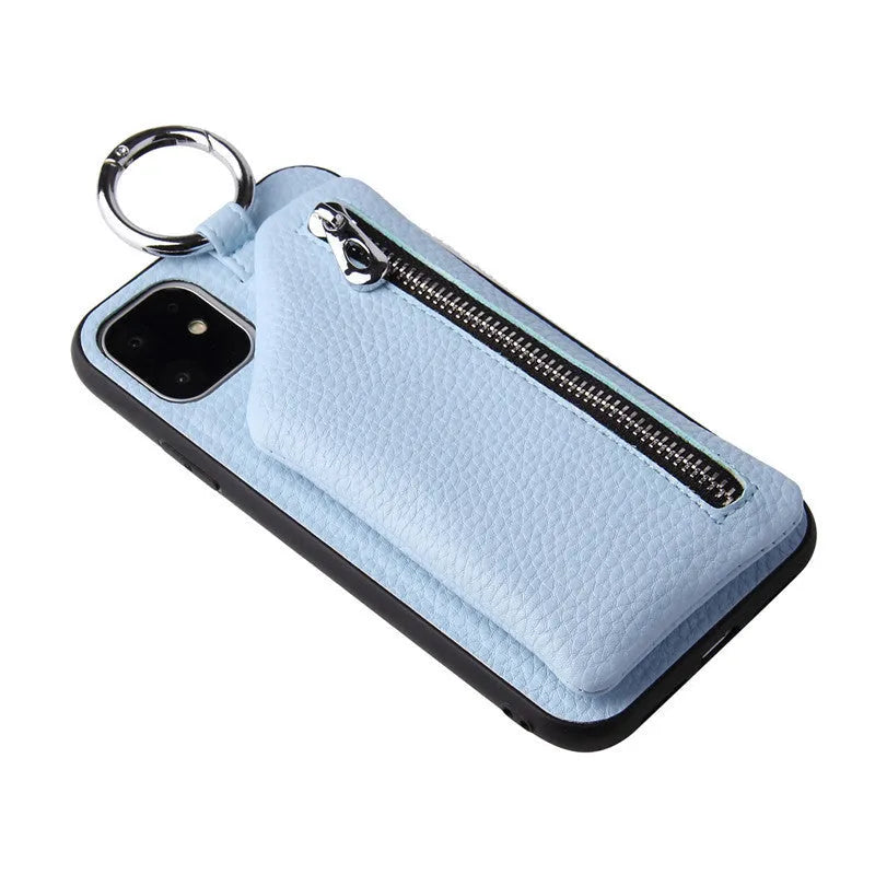 Pink PU leather phone case with a crossbody lanyard, showing the back with a zipped coin purse compartment.