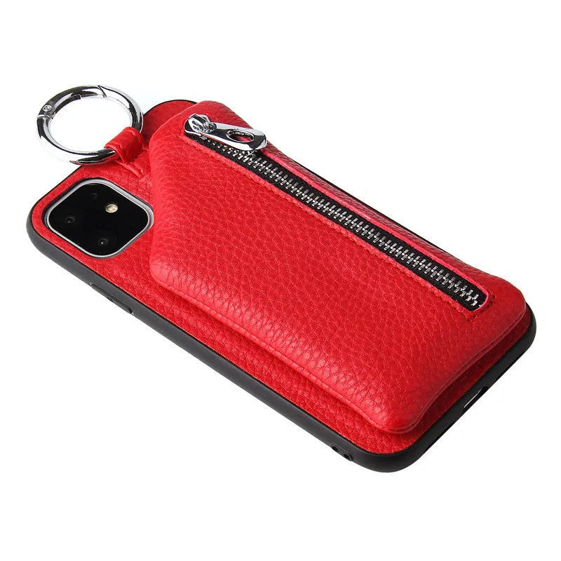 Pink PU leather phone case with a crossbody lanyard, showing the back with a zipped coin purse compartment.