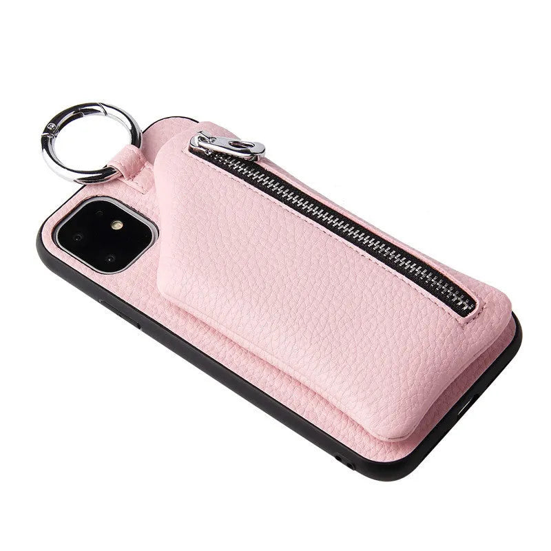 Pink PU leather phone case with a crossbody lanyard, showing the back with a zipped coin purse compartment.