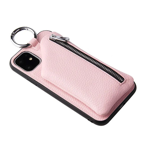 Pink PU leather phone case with a crossbody lanyard, showing the back with a zipped coin purse compartment.