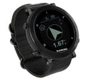 Smart sports watch with stainless steel bezel on a black nylon strap, showing GPS and heart rate display.