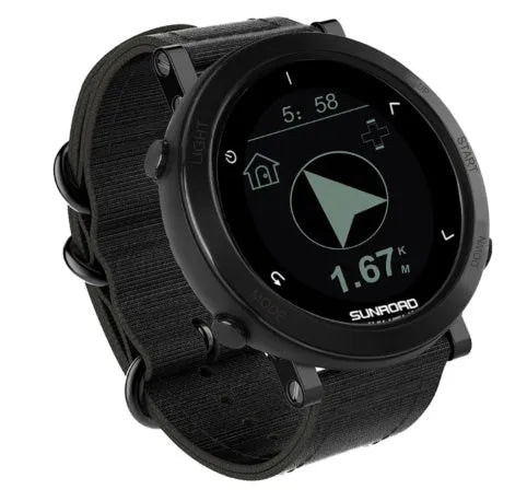 Smart sports watch with stainless steel bezel on a black nylon strap, showing GPS and heart rate display.