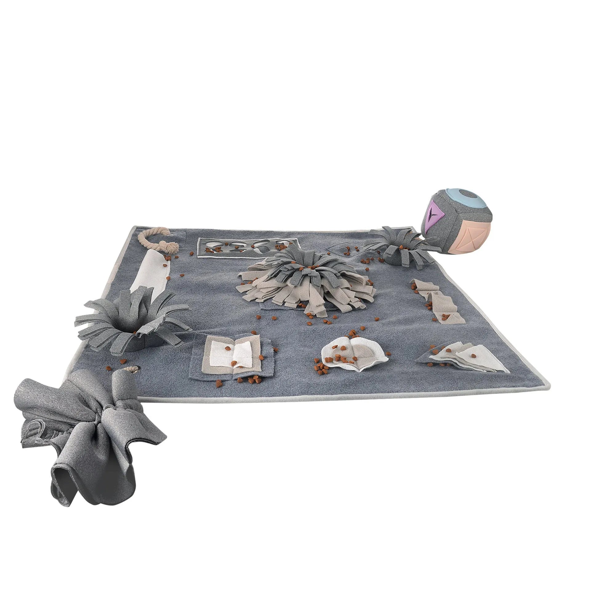 Grey cloth pet sniffing pad with two snuffle toys on a surface, designed for dog foraging and stress relief