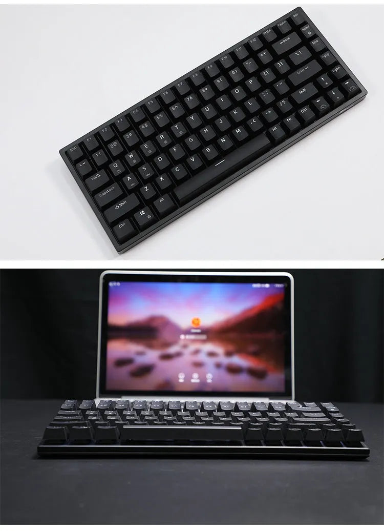 RK526 wireless mechanical keyboard and optical mouse set with USB charging cable in blue backlit colour