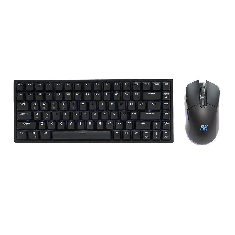 RK526 wireless mechanical keyboard and optical mouse set with USB charging cable in blue backlit colour