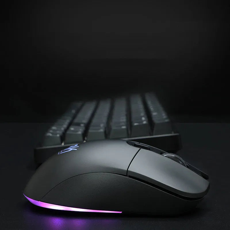 RK526 wireless mechanical keyboard and optical mouse set with USB charging cable in blue backlit colour