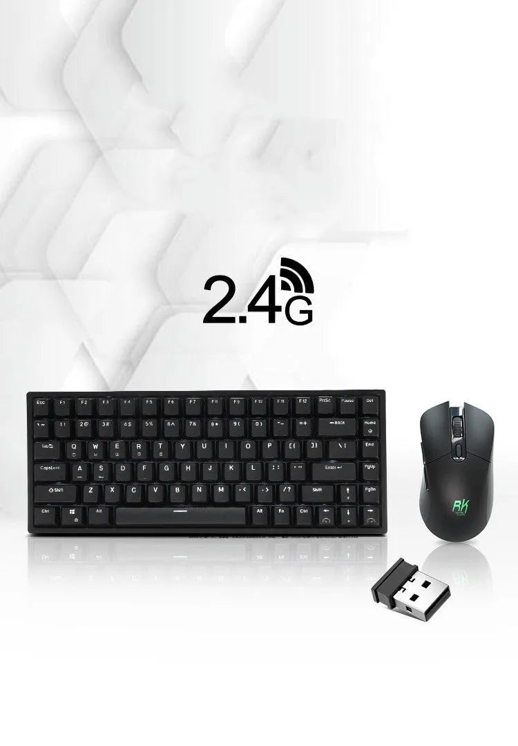 RK526 wireless mechanical keyboard and optical mouse set with USB charging cable in blue backlit colour