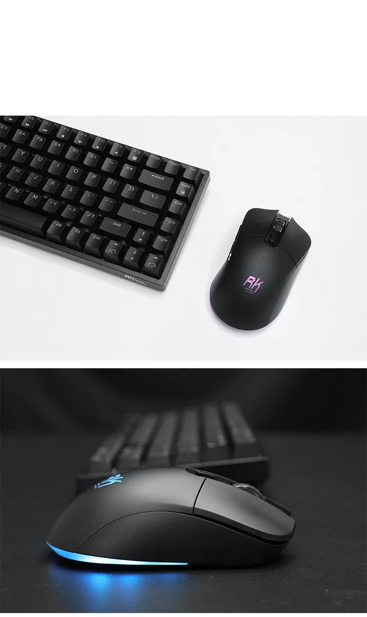 RK526 wireless mechanical keyboard and optical mouse set with USB charging cable in blue backlit colour