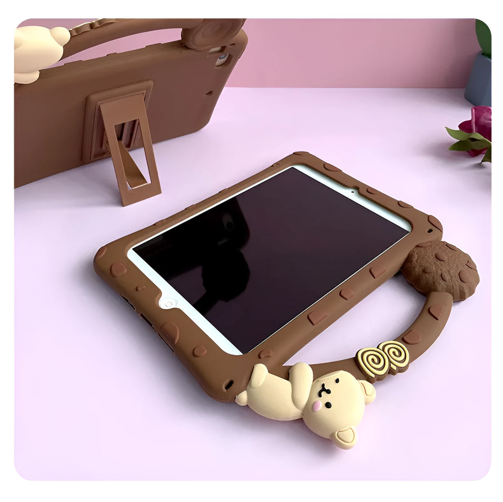 Brown cartoon-style silicone sleeve with integrated folding stand for an iPad tablet