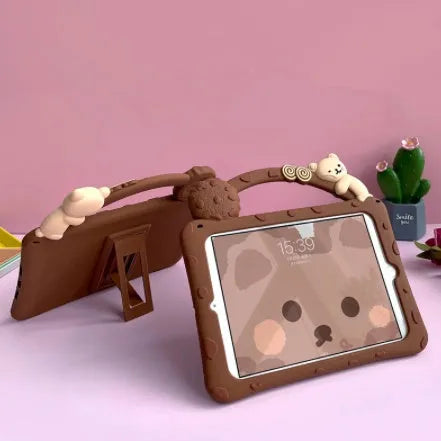 Brown cartoon-style silicone sleeve with integrated folding stand for an iPad tablet