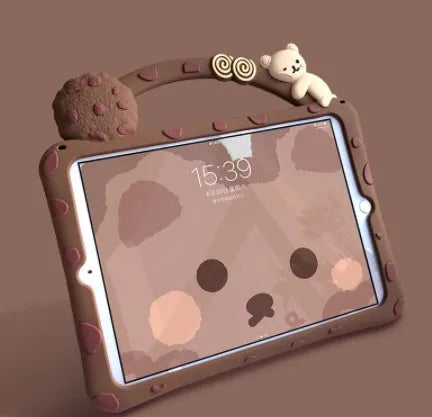 Brown cartoon-style silicone sleeve with integrated folding stand for an iPad tablet