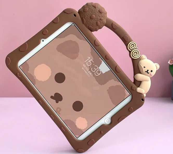Brown cartoon-style silicone sleeve with integrated folding stand for an iPad tablet