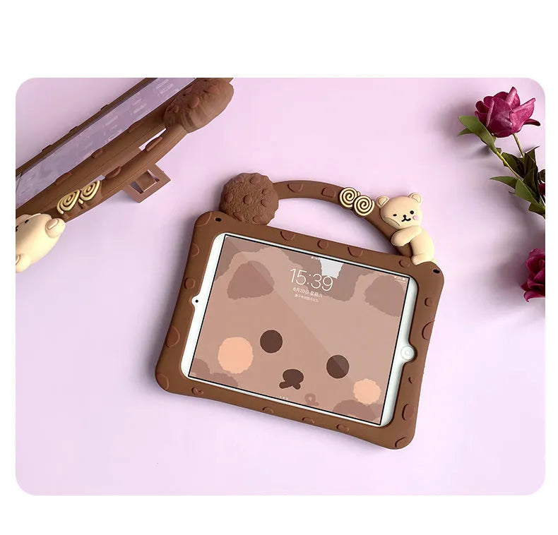 Brown cartoon-style silicone sleeve with integrated folding stand for an iPad tablet