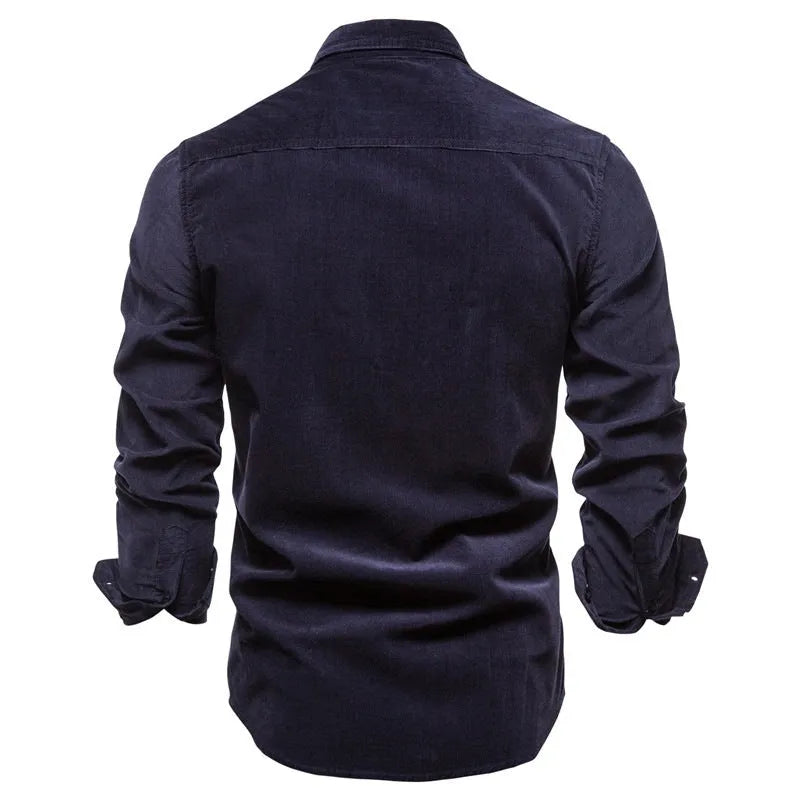 Men's long-sleeve linen casual shirt on a hanger, shown in a denim blue colour.