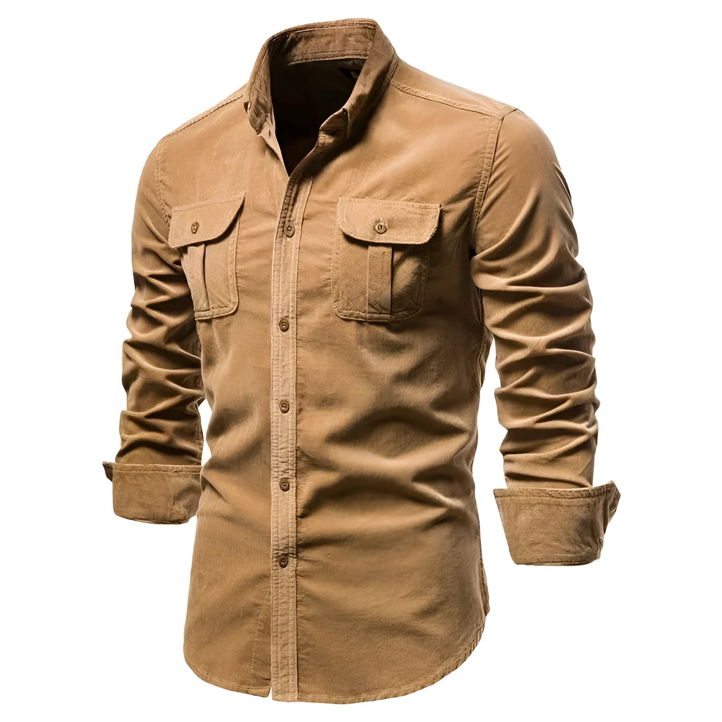 Men's long-sleeve linen casual shirt on a hanger, shown in a denim blue colour.