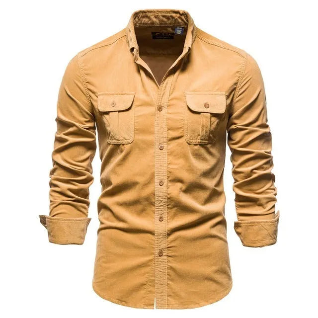 Men's long-sleeve linen casual shirt on a hanger, shown in a denim blue colour.