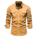 Men's long-sleeve linen casual shirt on a hanger, shown in a denim blue colour.