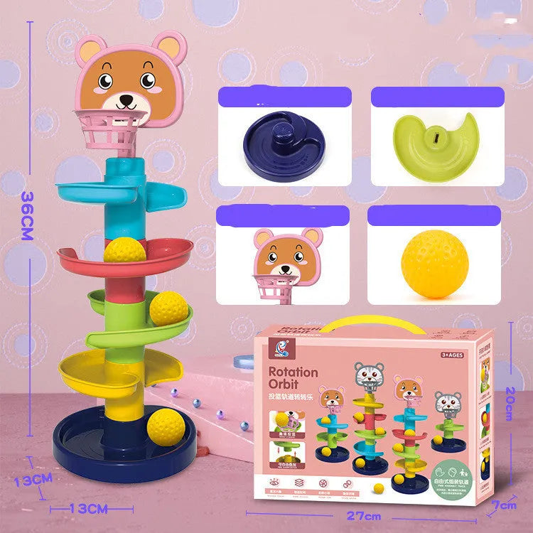Rolling ball pile tower puzzle toy with colourful plastic spin track and rattles in a 31.5x7x24cm box