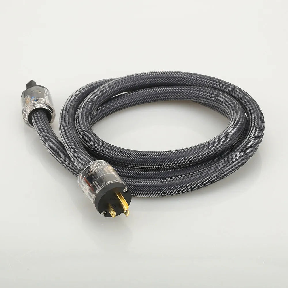 Hifi audio power cord with pure copper conductors showing EU and US plug options