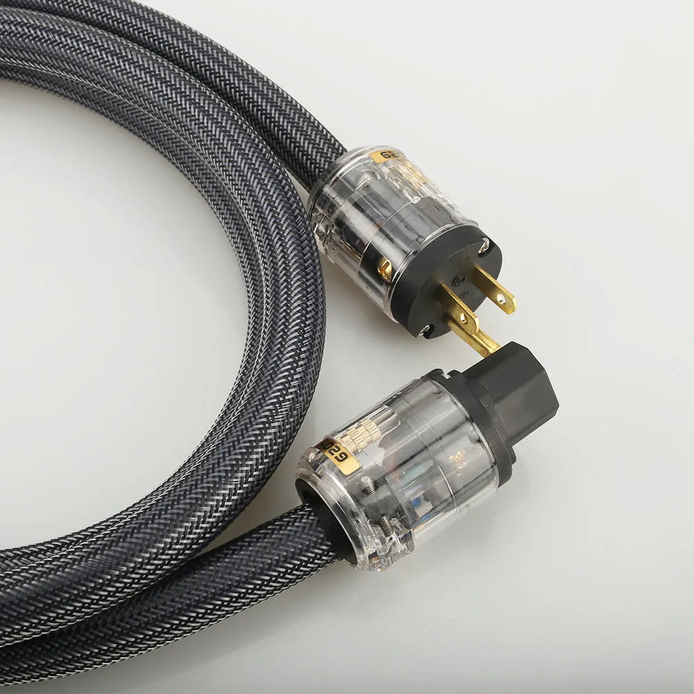 Hifi audio power cord with pure copper conductors showing EU and US plug options
