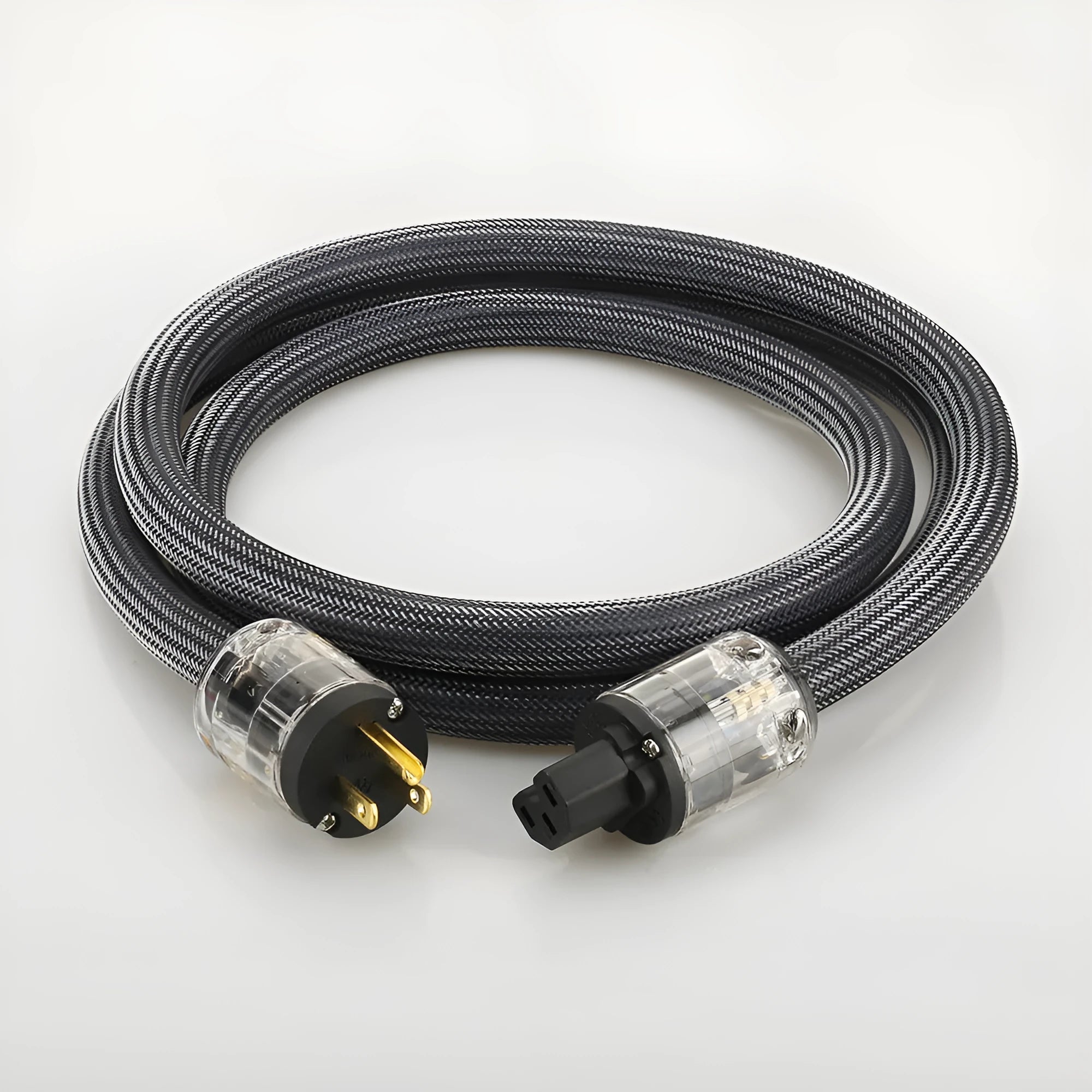 Hifi audio power cord with pure copper conductors showing EU and US plug options