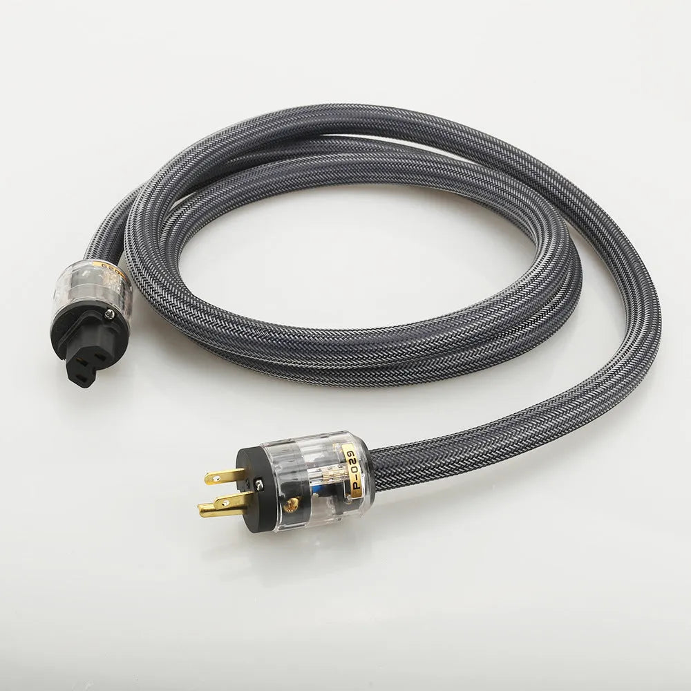 Hifi audio power cord with pure copper conductors showing EU and US plug options
