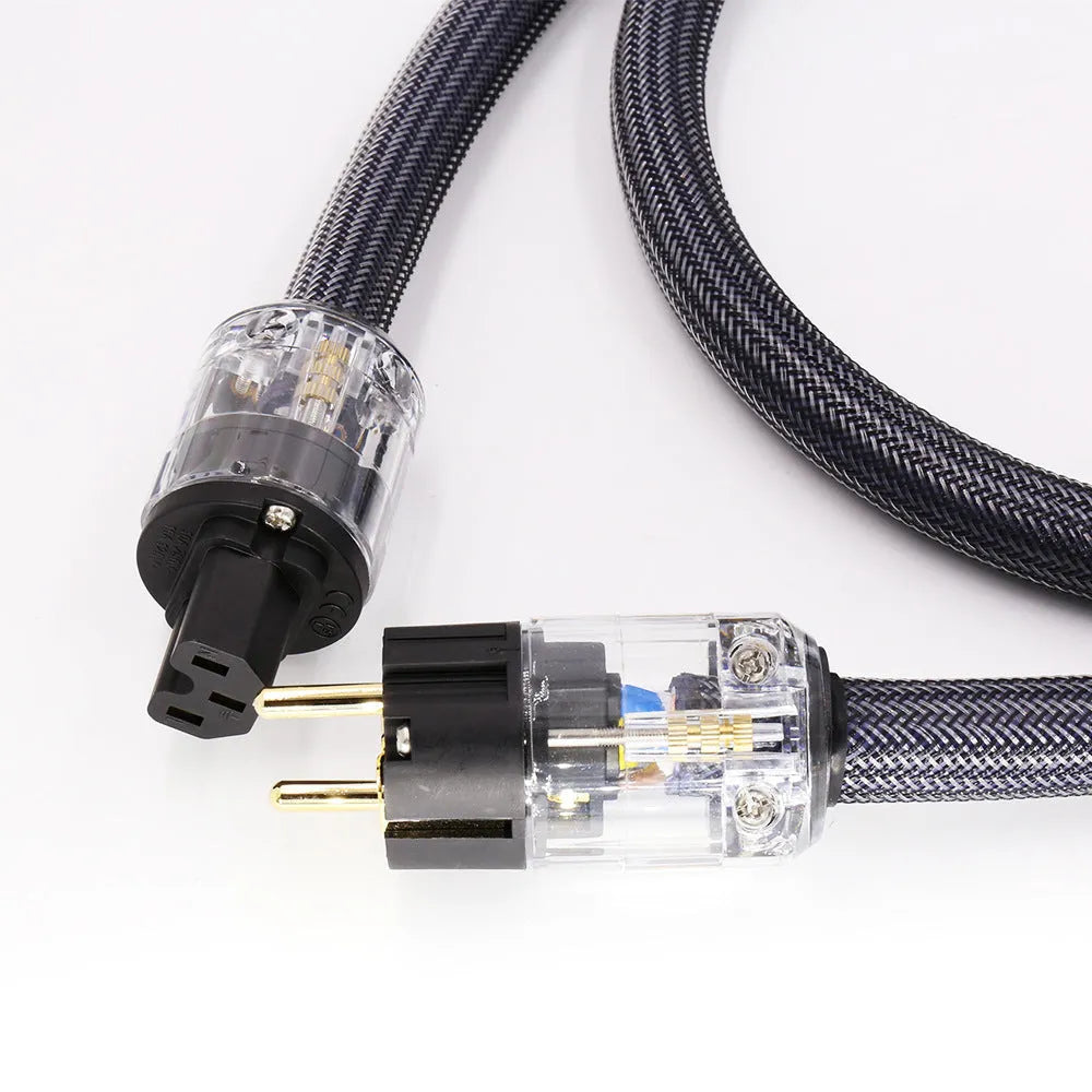 Hifi audio power cord with pure copper conductors showing EU and US plug options