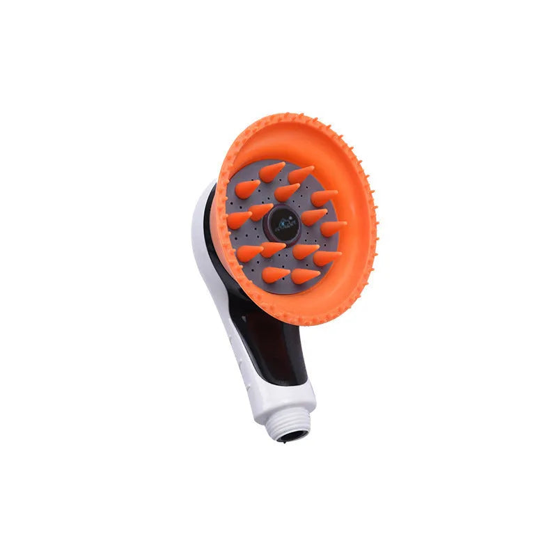 Pet shower kit with massage brush and water lock switch, blue orange pink and yellow colour options, on a white background
