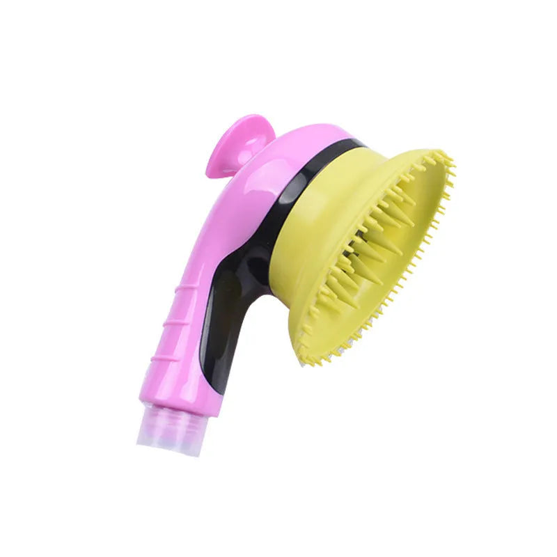 Pet shower kit with massage brush and water lock switch, blue orange pink and yellow colour options, on a white background